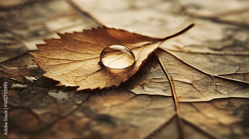 A single water droplet rests on a dried leaf in a natural setting.
