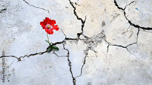 A vibrant red flower blooms from cracked concrete a symbol of resilience.