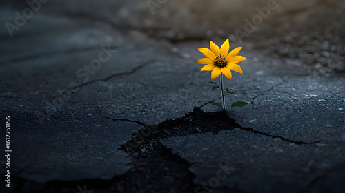 A yellow flower blooms through a cracked asphalt surface.