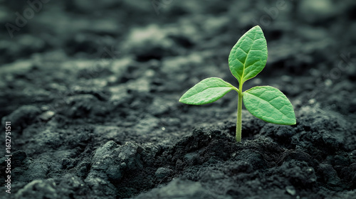 A small green plant sprouts from dark soil in a close-up view.