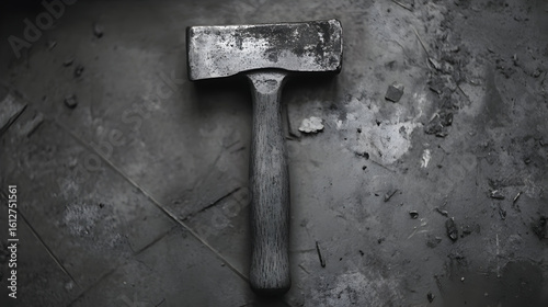 A rusty hammer lies on a rough textured dark grey surface.