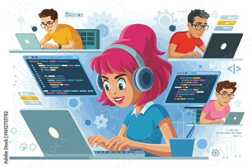 Illustration of female coder with pink hair and other coders working on laptops and code screens