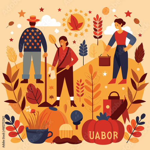 Labor Day Holiday with Workers and Fall Leaves