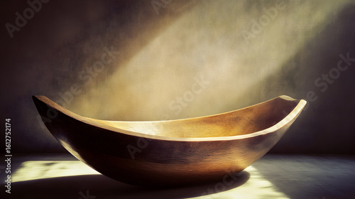 A wooden bowl sits in a room illuminated by a beam of light.