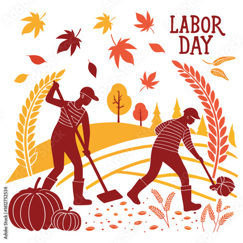 Labor Day Holiday with Workers and Fall Leaves