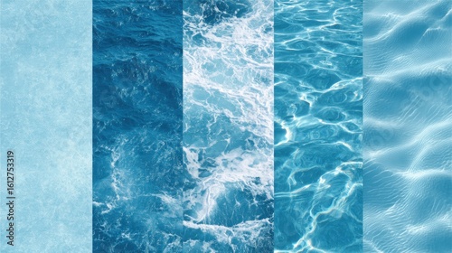 Different shades of blue water showcase the beauty and diversity of the ocean's surface, highlighting various textures created by sunlight and movement.