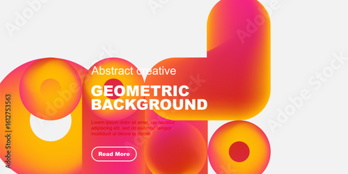 Abstract geometric shapes, vibrant colors, modern design. Text overlay includes geometric background, plus sample text, button.