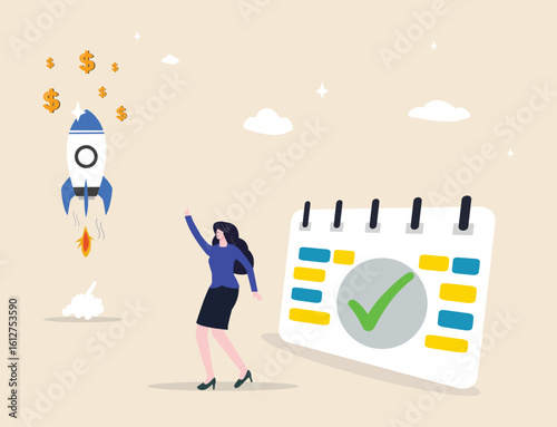 A startup or product launch symbolizing the outcome of strategic planning and hard work. Depicts an innovative venture, with a businesswoman launching a rocket, guided by a marked calendar start date.