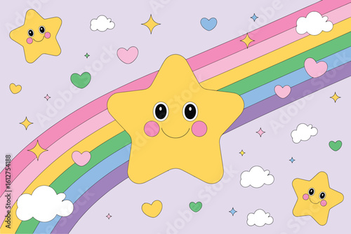 Cartoon illustration featuring yellow stars rainbow hearts and clouds on a light purple background