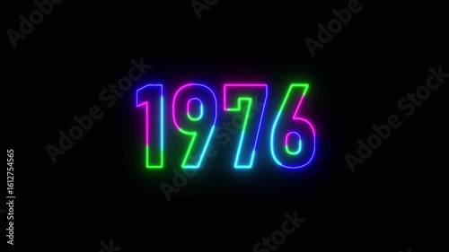  1976 neon line text. Abstract 1976 neon text animation ,For neon color Glowing neon number text background 4k video animation .Digital font against a dark background with neon line looping animation.