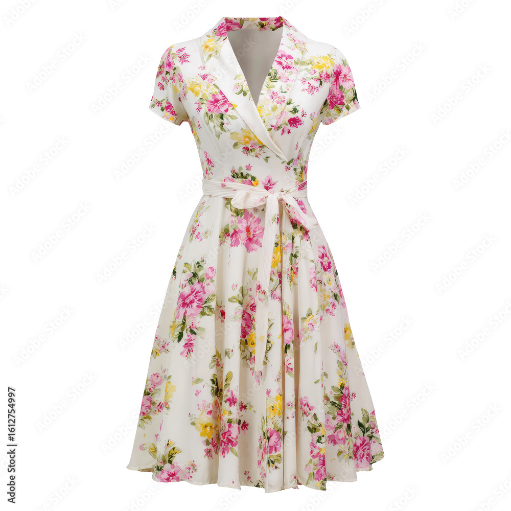 Obraz premium Elegant Floral Summer Dress with Short Sleeves and Waist Tie isolated on transparent white background, clipping path