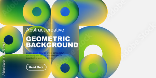 Vibrant geometric shapes overlap, creating dynamic background. Text promotes content with read more call to action. Modern design.