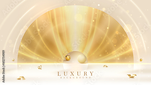Elegant stage with circle gold frame element, 3d golden ball, ribbon and glitter light effect with bokeh decoration. Luxury cream background template for banner product or award ceremony.