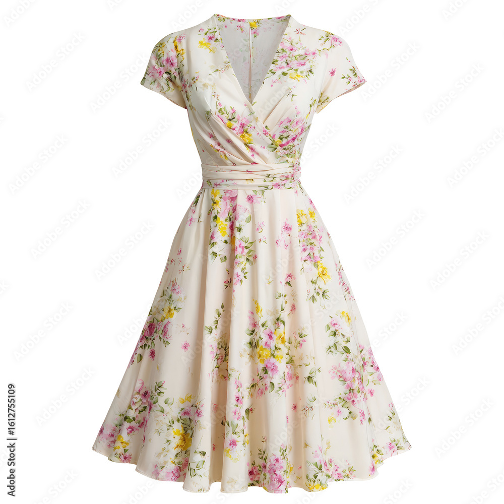 Obraz premium Elegant Floral Summer Dress with Short Sleeves and Waist Tie isolated on transparent white background, clipping path