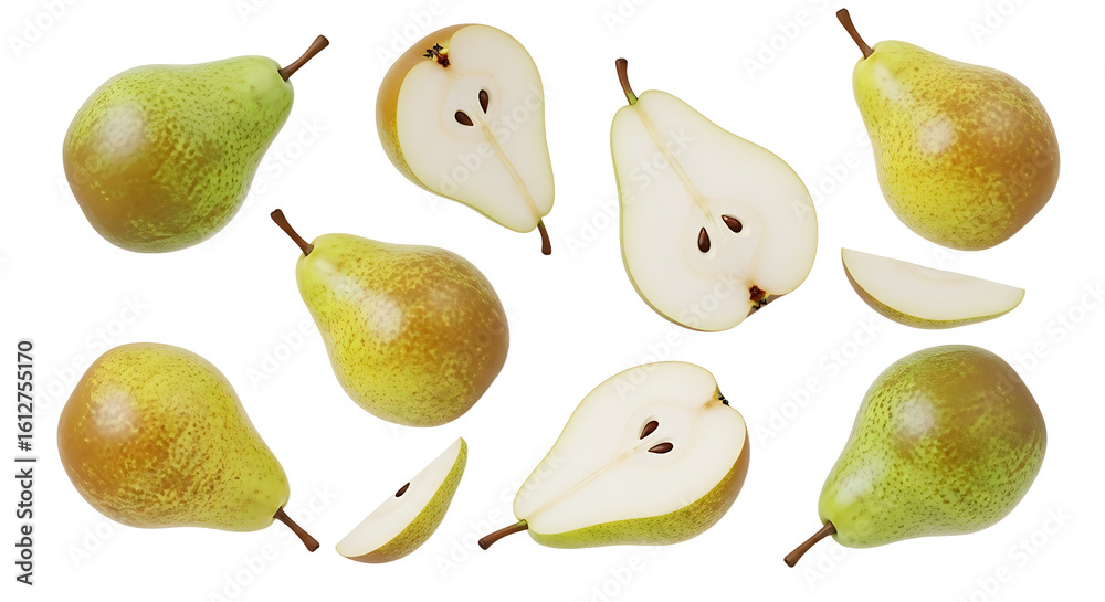 Assortment of Ripe Pears Whole Halved and Sliced Freshly Harvested. Assortment of Ripe Pears Whole Halved and Sliced Freshly Harvested.