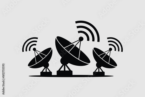 A graphic illustration of three satellite dishes in black transmitting signals on a light gray background