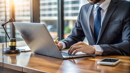 Photo of a lawyer is working on a laptop in an office, with a gavel symbolizing law and justice