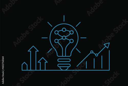 A blue outline of a lightbulb with network inside and graph with arrows on a black background