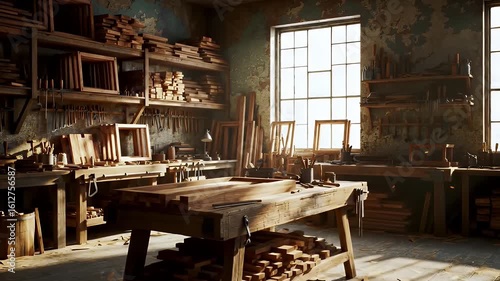 Vintage Carpenter Workshop Interior Featuring Workbenches and Lumber Stacks With Natural Sunlight Through Windows and