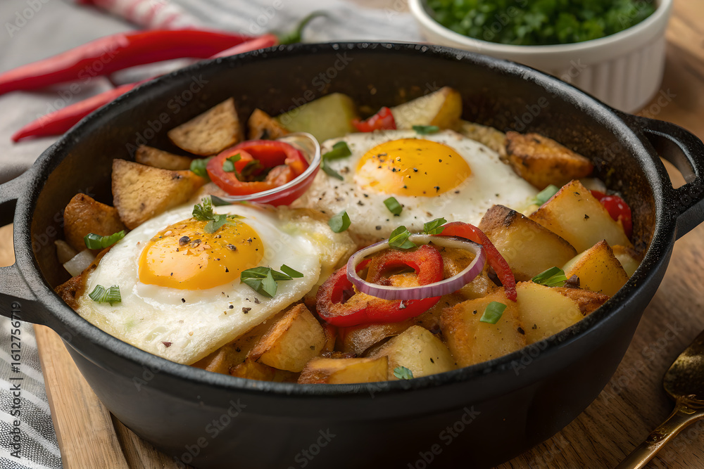 baked eggs in potato bravas baked eggs in potato bravas