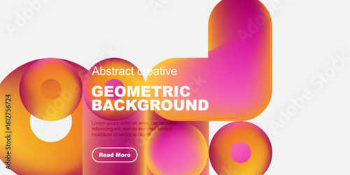 Abstract geometric shapes, vibrant colors, modern design. Text overlay includes geometric background, plus sample text, button. Minimalist aesthetic.