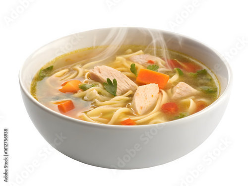 Hearty bowl of steaming chicken noodle soup with vegetables