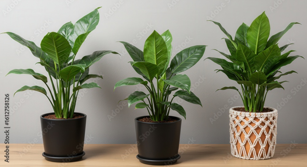 Fototapeta premium Set of three vibrant indoor coffee plants in modern black pots and a decorative woven pot, placed on a wooden surface against a neutral wall, illuminated by soft natural daylight