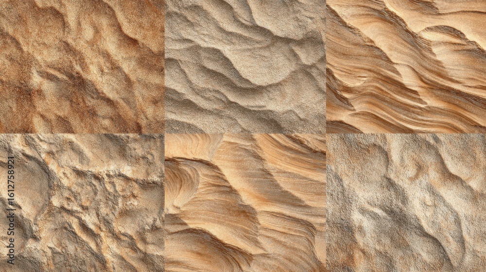Fototapeta premium Close-up views of intricate sand textures reveal the natural patterns shaped by wind and time in a desert environment. Warm hues highlight the unique designs created in the sand.