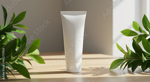 Cosmetic cream tube packaging with leaf background, blank beauty and care product packaging, free mockup photo