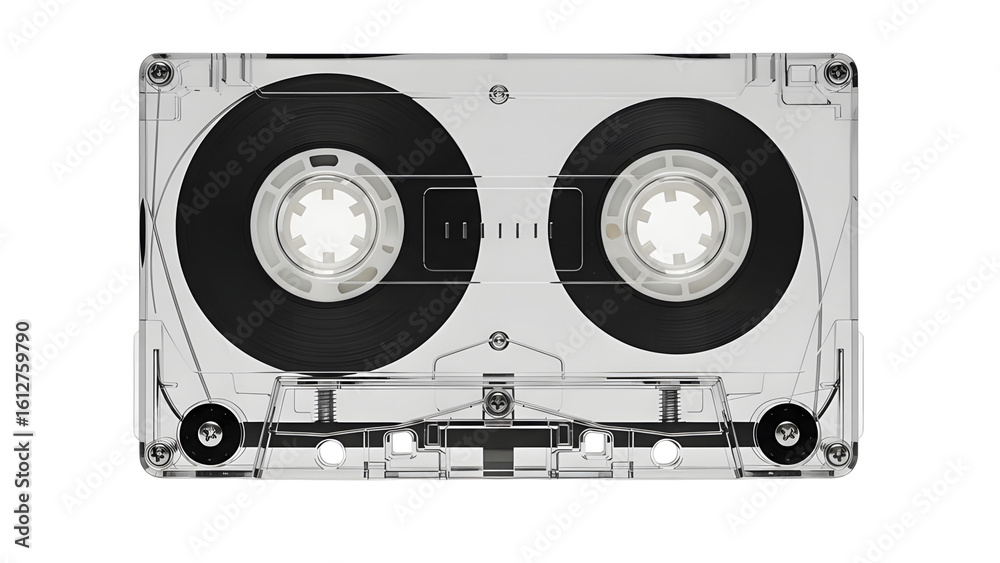 Fototapeta premium Transparent cassette tape audio music retro vintage media recording sound analog oldschool storage device 90s on transparent background