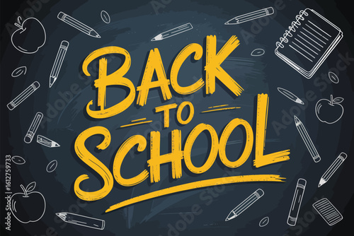 Back to school message with yellow text and white apple and pencil drawings on a dark background
