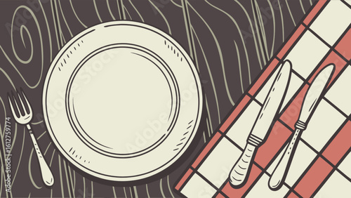 Illustration of dining table setting with plate fork and knife for restaurant and food blog design concept