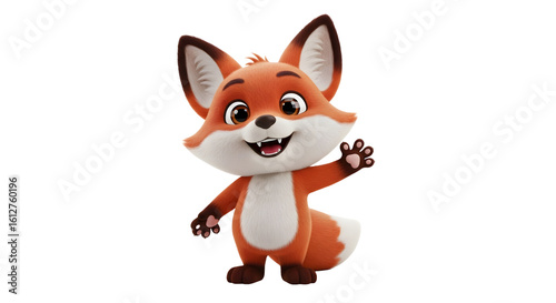 Cute 3D cartoon fox character waving hello with a friendly smile