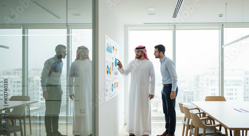 Two businessmen in a modern review financial charts and graphs displayed on a large whiteboard.