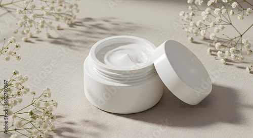 cosmetic white cream in a jar close up photo mockuop