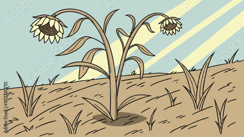 Illustration of wilted sunflowers in a dry field under the sun, a drought concept illustration art