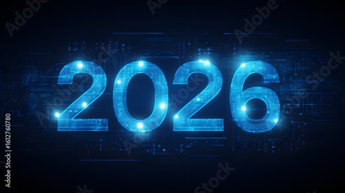 Blue 2026 Text with Digital and Futuristic Elements on Dark Technology Background