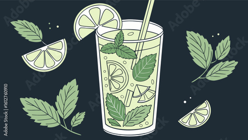 Refreshing mojito summer cocktail with lime and mint vector illustration for menu and advertising design