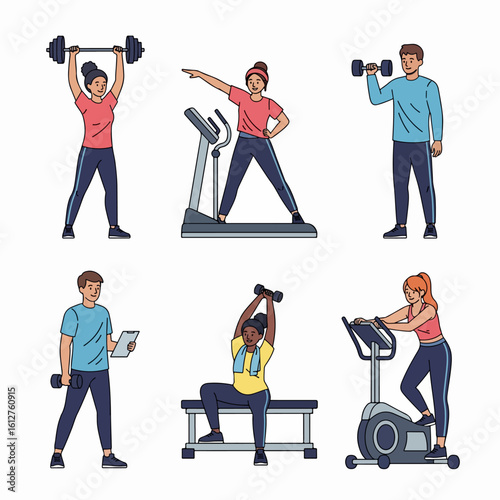 Set of diverse individuals exercising with gym equipment, including weightlifting, cardio, and personal training, promoting an active healthy lifestyle.