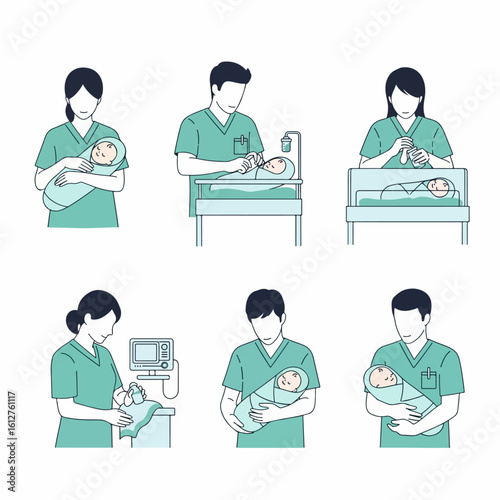 Healthcare professionals, including nurses and doctors, providing dedicated care to newborn babies in a hospital nursery, depicting various aspects of neonatal support.