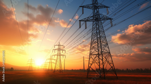 Electric Transmission Tower Silhouetted Against Vibrant Sunset Colors