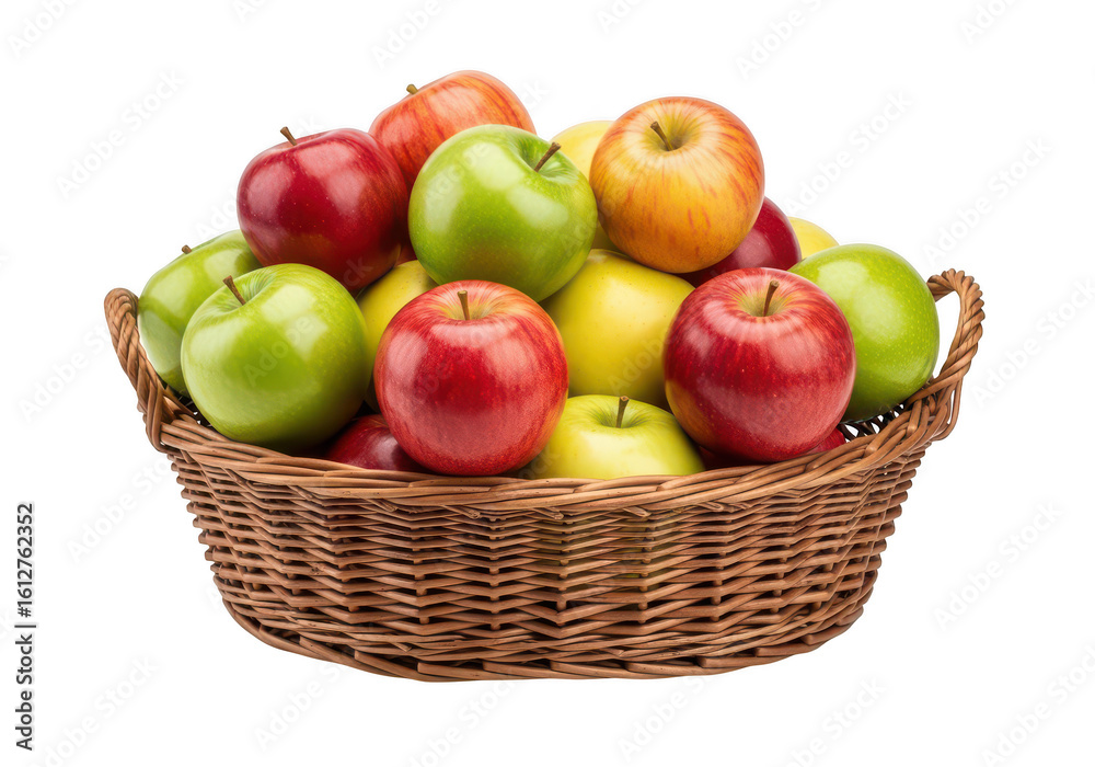 Woven wicker basket filled with red green and yellow apples fruit Woven wicker basket filled with red green and yellow apples fruit