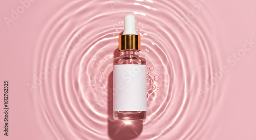 Glass Dropper Bottle in Water splash on pink background, Skincare flat lay mockup free