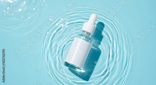 Glass Dropper Bottle in Sparkling Water, Skincare flat lay mockup free