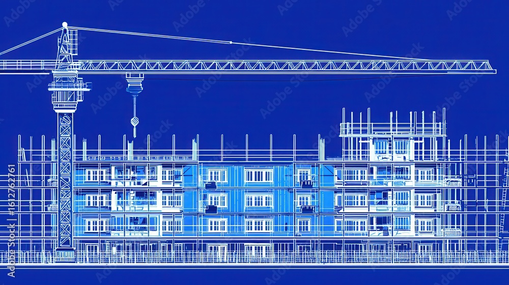 Obraz premium Construction Blueprint with Crane Over Apartment Building Framework