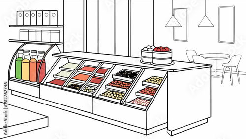 Display case with food and beverages in cafe restaurant illustration for food service business concept design