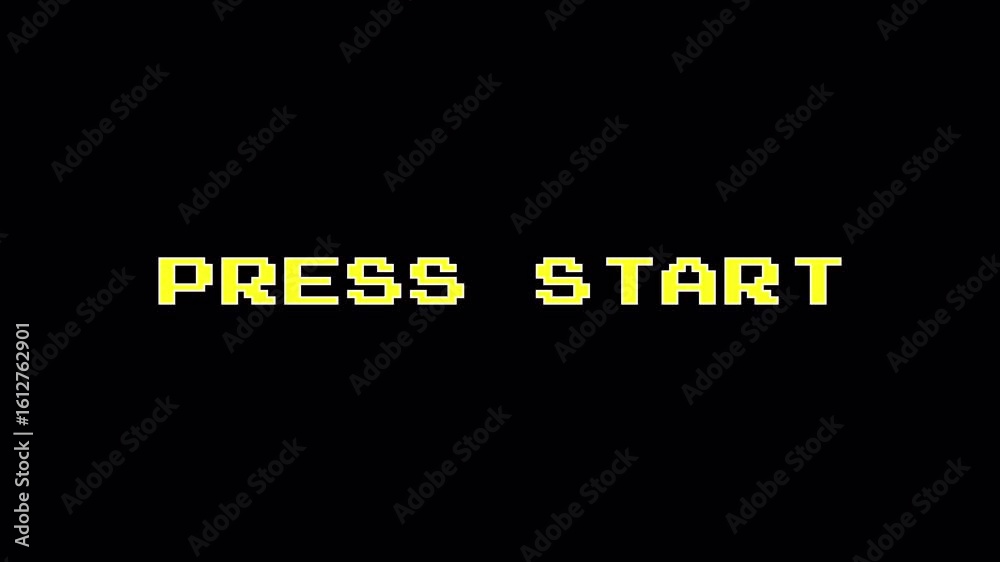 Pixel Press Start animation, black retro game screen, 8-bit start prompt, Classic video game intro, Vintage game UI, Animated start message, Pixelated Press Start text, video, pixel art, retro, 8-bit