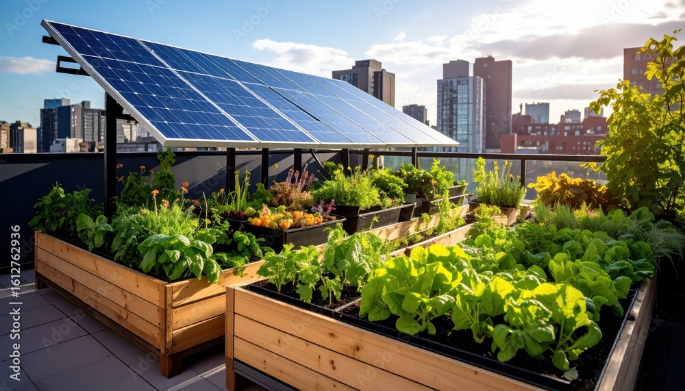 Fototapeta premium Rooftop urban garden with solar panels and city skyline at sunset