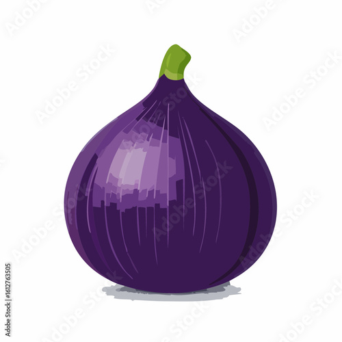 Illustration of a Single Ripe Fig Featuring Smooth Skin and Green Stem on Plain Background