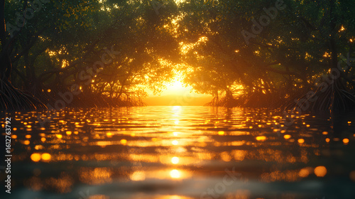 Mangrove Forest at Sunset with Reflection on Water